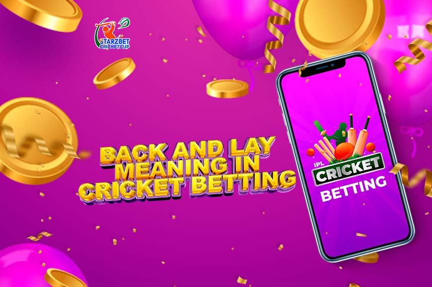 Back and Lay Meaning in Cricket Betting with a pink background, mobile and coins