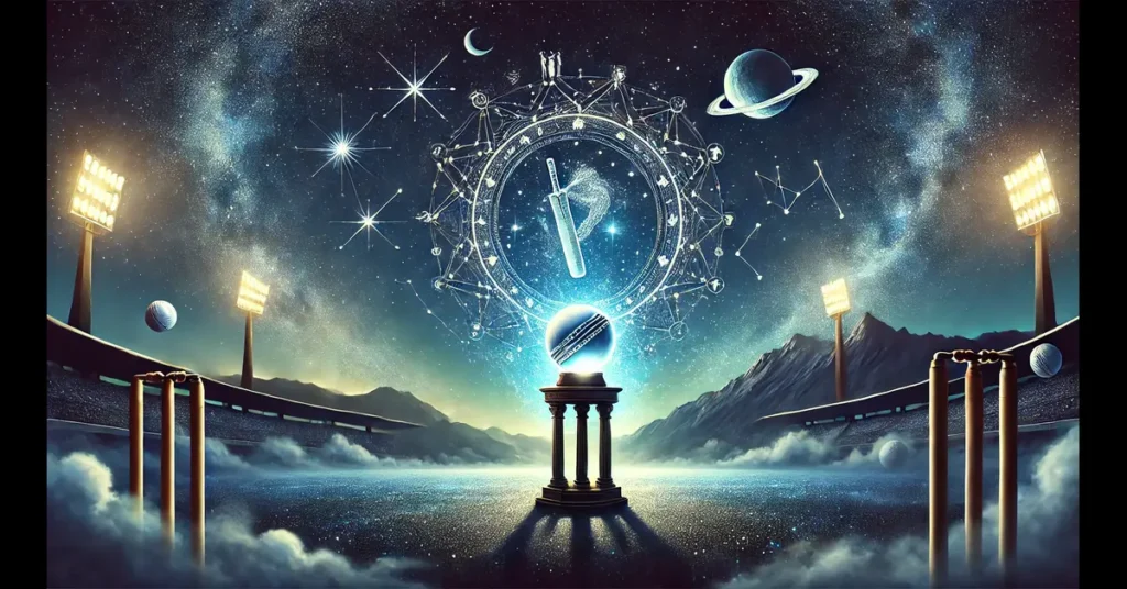 A mystical and visually striking landscape image representing 'IPL Astrology Prediction'. The design features a cricket stadium under a starry night s (1)