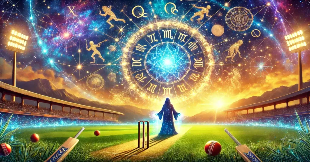 A stunning landscape image themed around 'IPL Astrology Prediction.' The setting shows a cricket field bathed in golden light at sunset, surrounded by. (1)