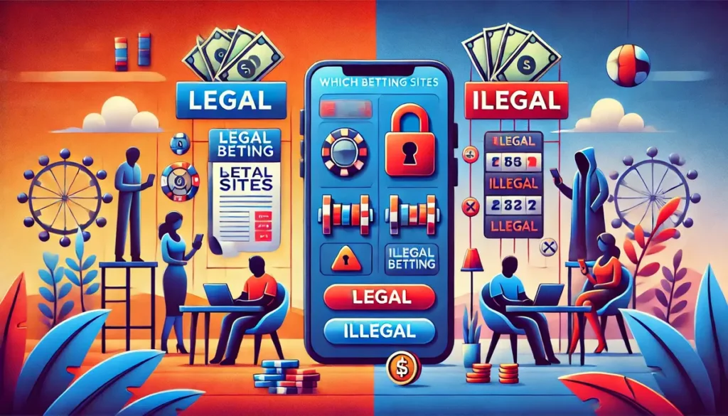 A visually appealing landscape image for an article titled _Which Betting Sites Are Legal in India or Illegal__. The illustration features a split-scr