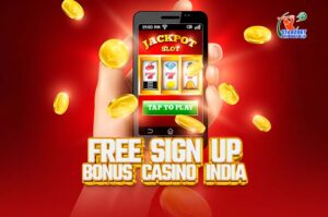 A vibrant online casino homepage with bright lights, a digital slot machine, and a large banner displaying a '500 INR Free Register Bonus!' along with