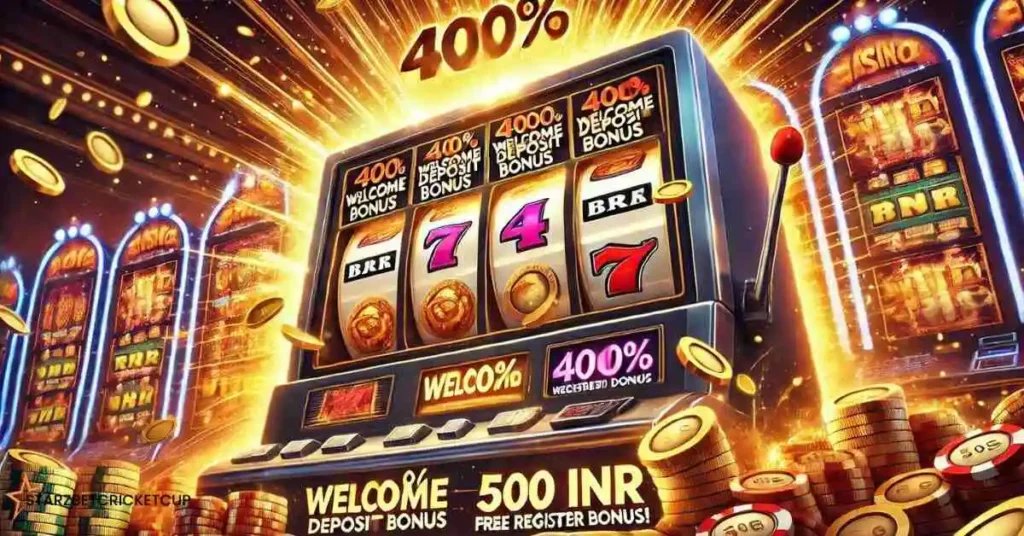 A close-up view of a slot machine screen with a winning combination displayed, with coins and chips exploding out of the machine. The background inclu