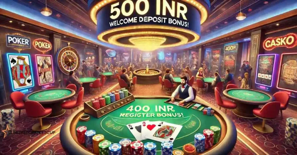 A lively casino game room with poker tables, roulette wheels, and a large digital banner displaying '500 INR Free Register Bonus!' and '400% Welcome D