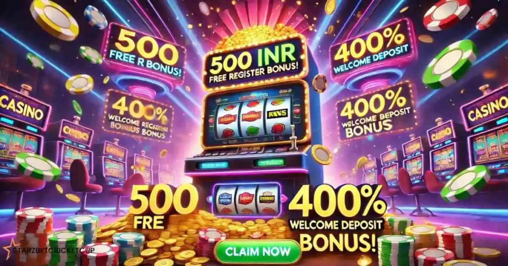 A vibrant online casino homepage with bright lights, a digital slot machine, and a large banner displaying a '500 INR Free Register Bonus!' along with