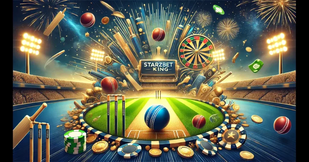 A sleek and visually captivating landscape image for a cricket betting website named 'Starzbet - Cricket Satta King'. The design should include vibran