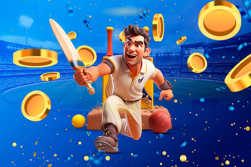 A man grips a cricket bat, surrounded by coins, representing the excitement of cricket betting