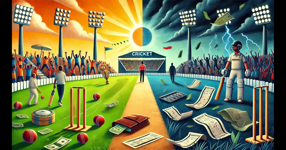 A colorful painting illustrating is cricket betting good or bad , capturing the excitement of players on the field during gameplay