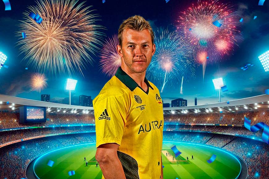 Brett Lee, the fastest bowler in the world, dons a yellow jersey as fireworks illuminate the scene.