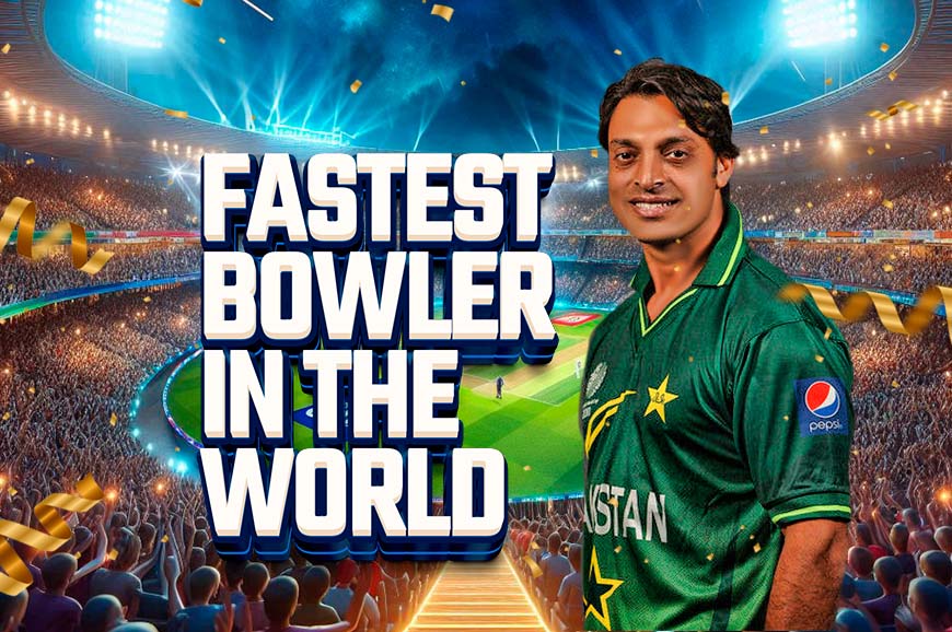 Image of Shoaib Akhtar, the fastest bowler in the world, showcasing his dynamic bowling action on the cricket field