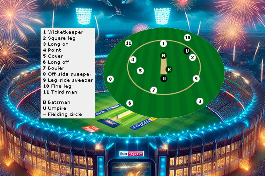 A vibrant cricket stadium illuminated by fireworks, showcasing a scoreboard during an exciting power play moment