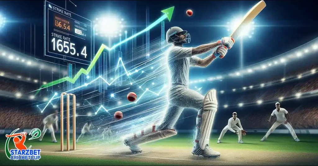 A man striking a cricket ball, with a graph illustrating strike rate calculations displayed on a screen behind him