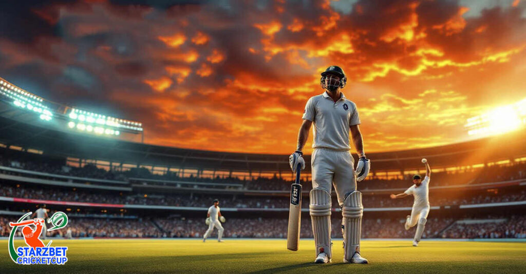 A cricket player poised on the field with a bat, symbolizing the excitement of Test matches and their daily overs.