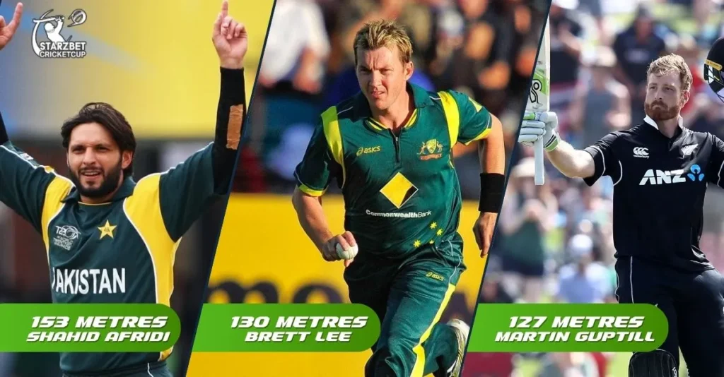 Infographic showcasing the top 5 wicket takers in World Cup history alongside the top 3 longest sixes in cricket