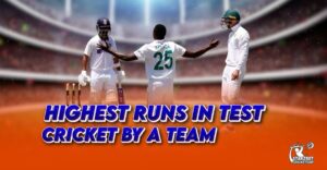 A graphic displaying the highest runs scored in Test cricket by a team, showcasing impressive statistics and rankings