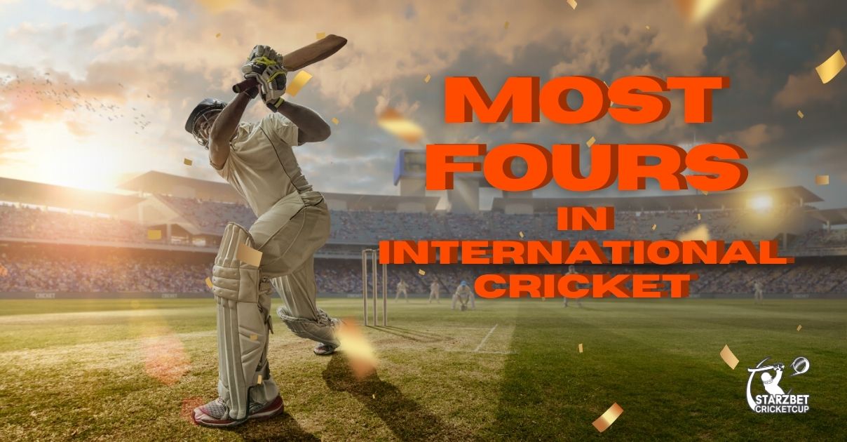 A dynamic and visually appealing landscape image highlighting the concept of 'Most Fours in International Cricket